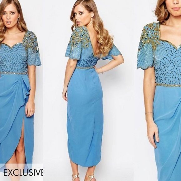 Virgos Loung Blue Beads Embellished Dress Tulip Midi Formal Small New - Picture 3 of 13